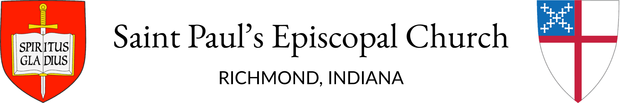 Two emblem shields: one with "Spiritus Gladius" and a sword, the other with a red cross and blue canton featuring white crosses.