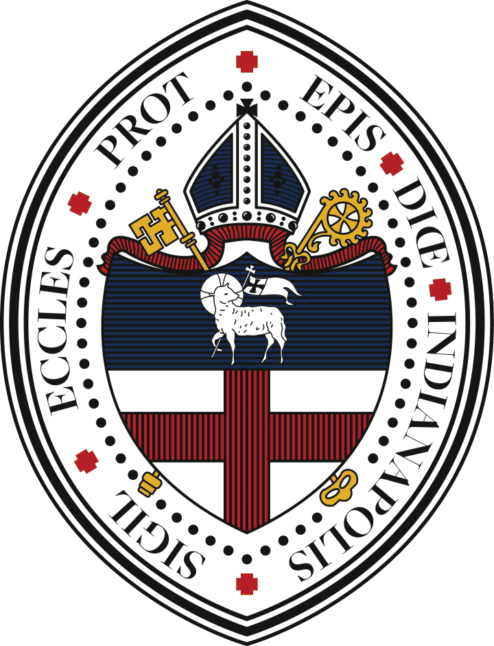 The image shows the Episcopal Church logo, featuring a shield with cross designs and pride colors, symbolizing inclusivity and diversity within the church.