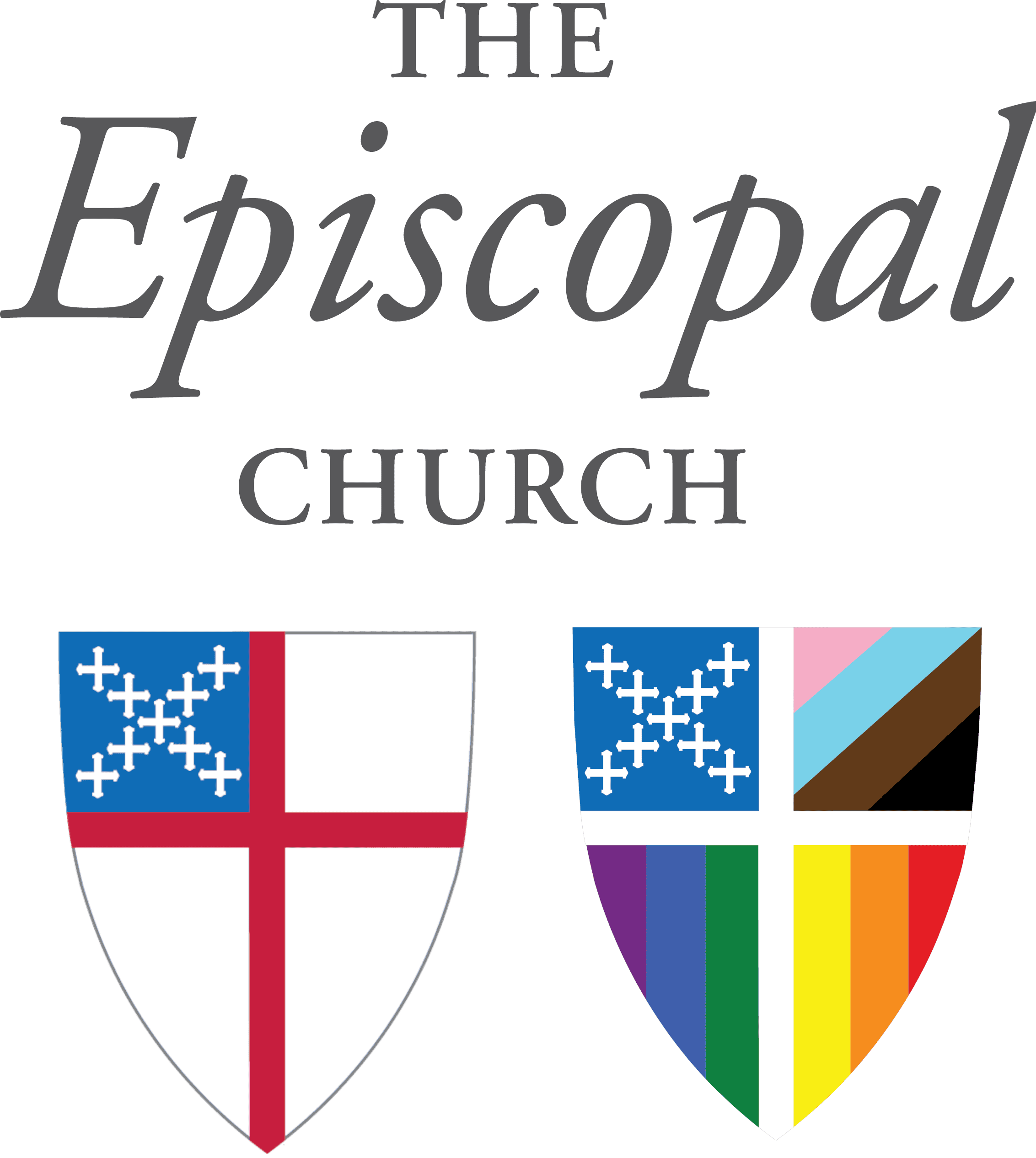 The image shows the Episcopal Church logo, featuring a shield with cross designs and pride colors, symbolizing inclusivity and diversity within the church.
